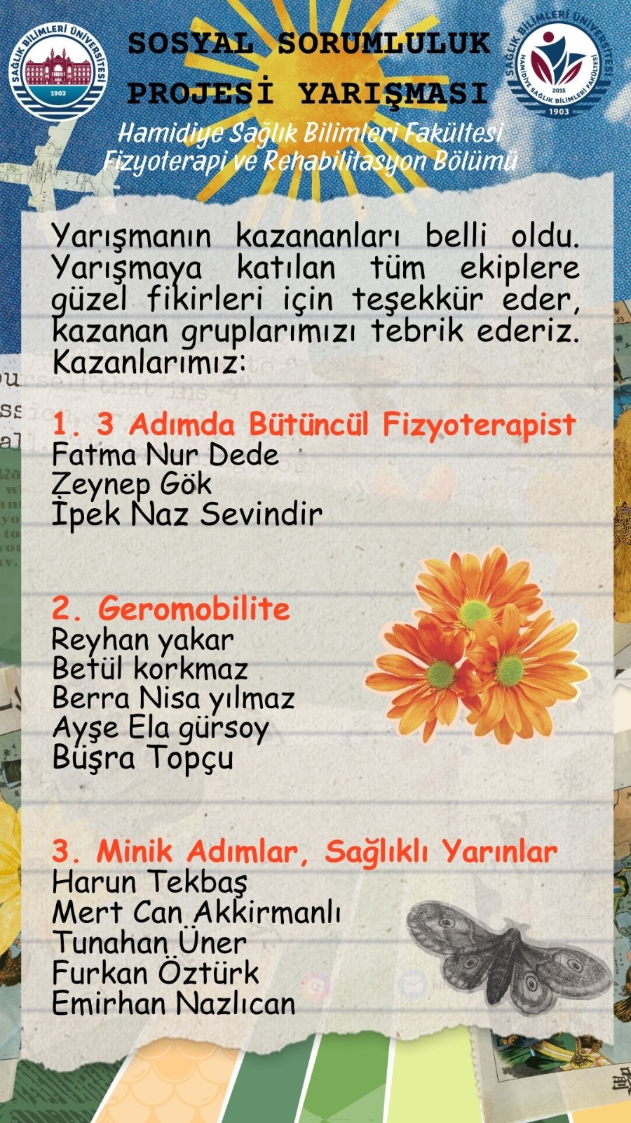 Fizyoterapi ve Rehabilitasyon Bölümü Sosyal Sorumluluk Projesi Kazananları 